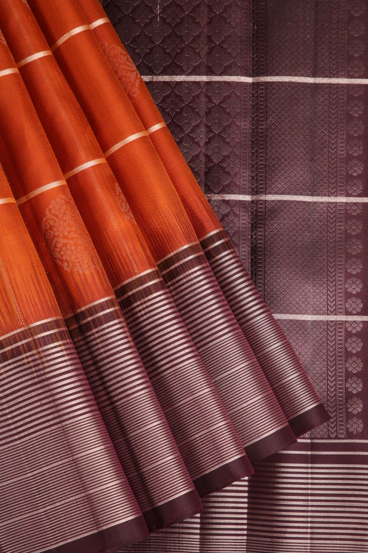 Rust Orange Soft Silk Saree with Gold Zari Checks And Puttas