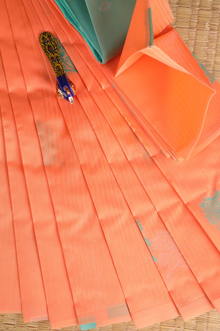 Cantaloupe Orange Visiri Madippu Silk Sarees with Silver Zari Floral Patterns view 1