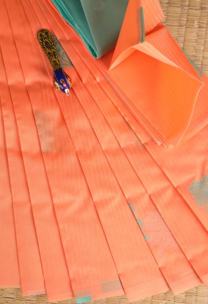 Cantaloupe Orange Visiri Madippu Silk Sarees with Silver Zari Floral Patterns