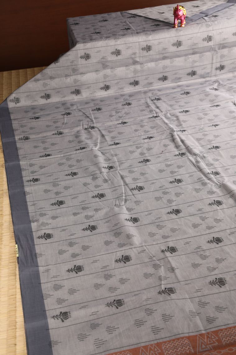 Gray Black Kanchi Cotton Sarees with Without Zari Zari Floral Puttas view 2