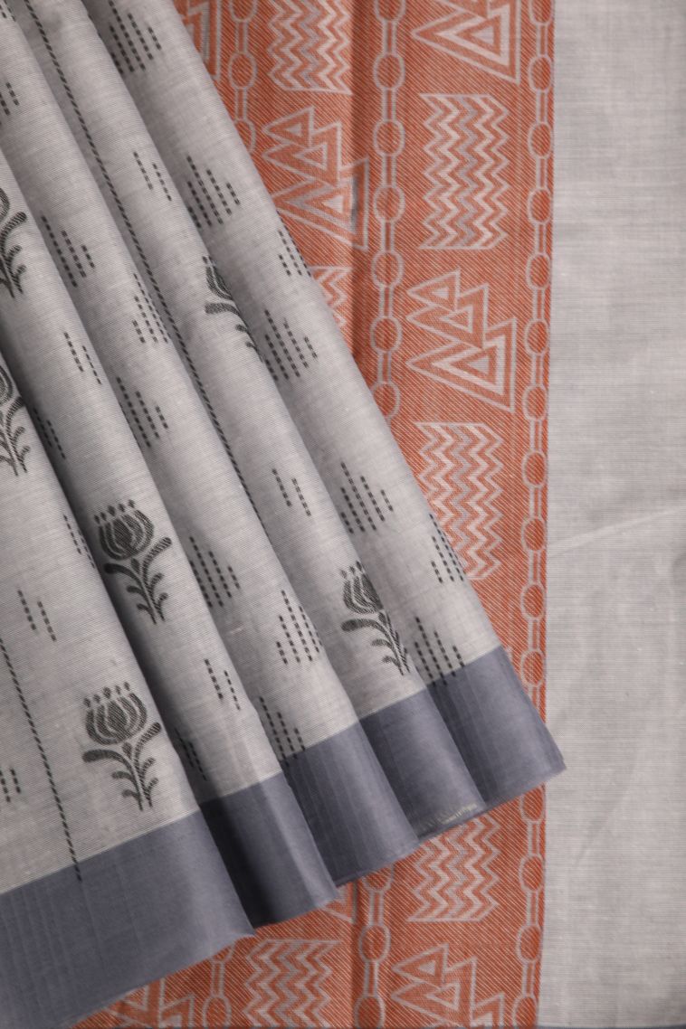 Gray Black Kanchi Cotton Sarees with Without Zari Zari Floral Puttas view 1