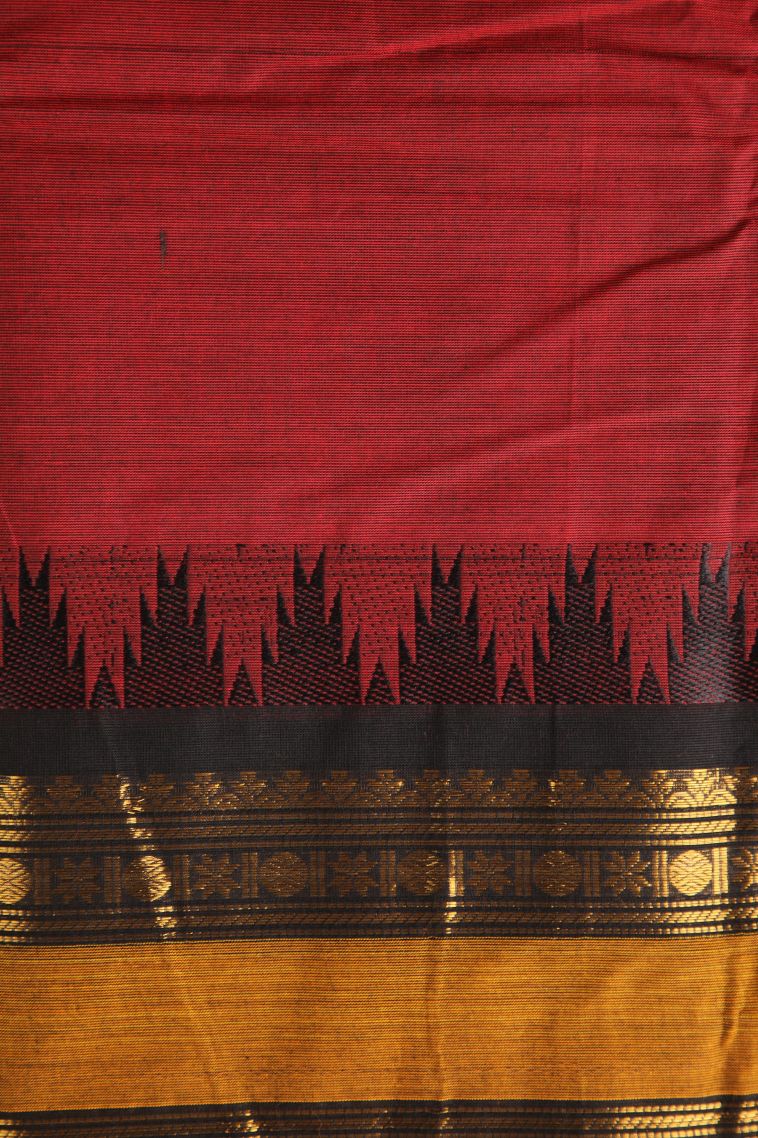 Candy Red Chettinad Cotton Sarees with Gold Zari Plain view 3