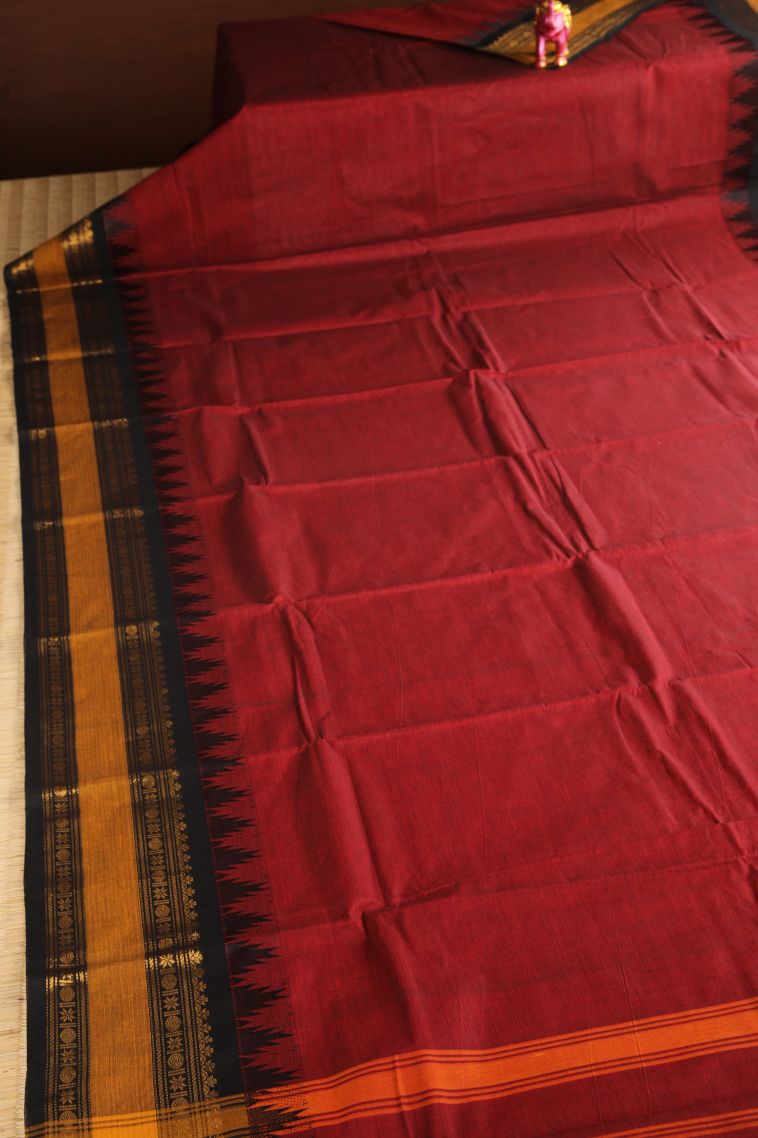 Candy Red Chettinad Cotton Sarees with Gold Zari Plain view 2