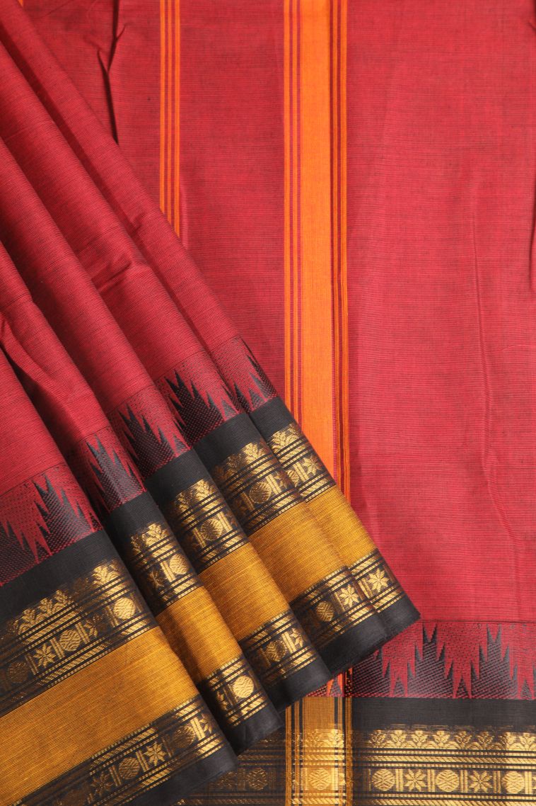 Candy Red Chettinad Cotton Sarees with Gold Zari Plain view 1