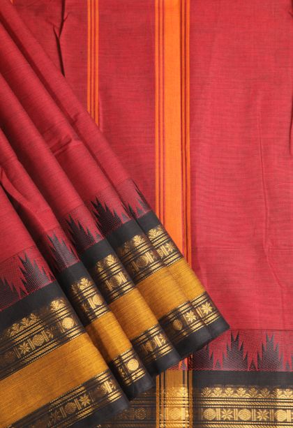 Candy Red Chettinad Cotton Sarees with Gold Zari Plain
