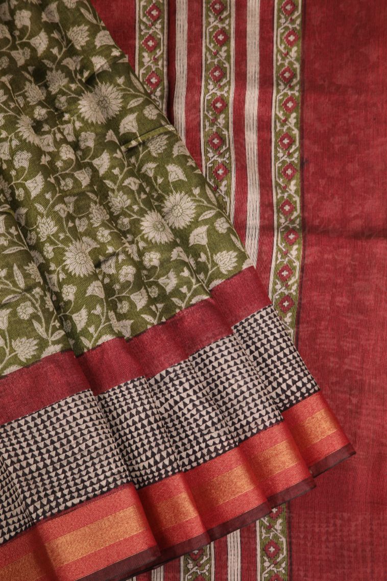 Olive Green Chanderi Cotton Sarees with Gold Zari Floral Patterns view 1