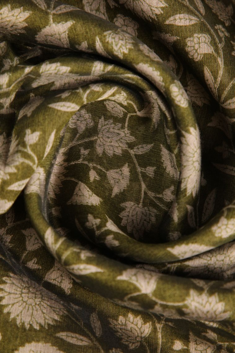 Olive Green Chanderi Cotton Sarees with Gold Zari Floral Patterns view 4