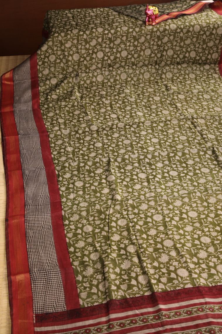 Olive Green Chanderi Cotton Sarees with Gold Zari Floral Patterns view 2