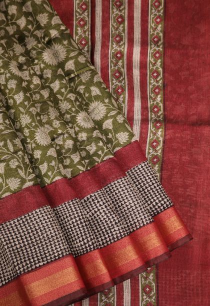 Olive Green Chanderi Cotton Sarees with Gold Zari Floral Patterns