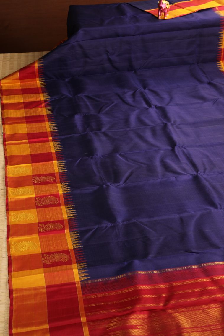 Indigo Blue Kanchipuram Silk Sarees with Gold Zari Plain view 2