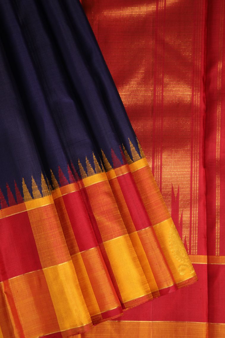 Indigo Blue Kanchipuram Silk Sarees with Gold Zari Plain view 1