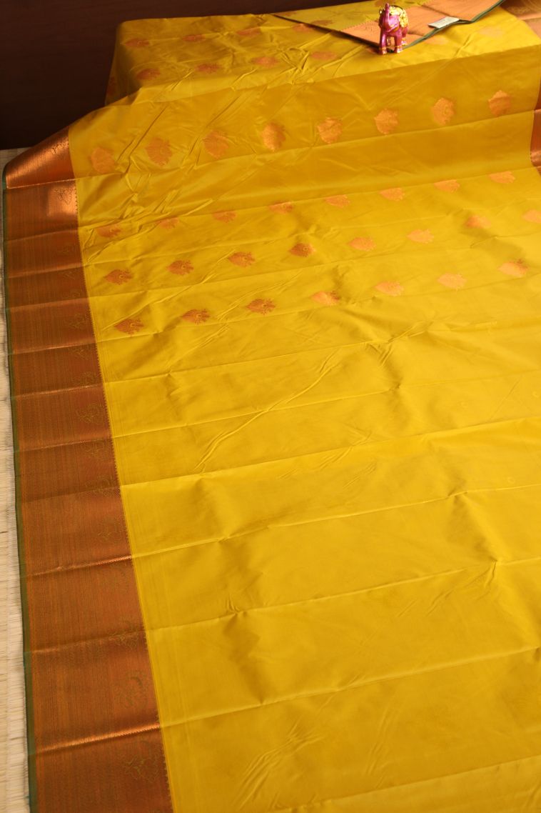 Biscotti Yellow Visiri Madippu Silk Sarees with Copper Zari Floral Patterns view 2