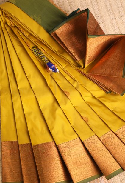 Biscotti Yellow Visiri Madippu Silk Sarees with Copper Zari Floral Patterns