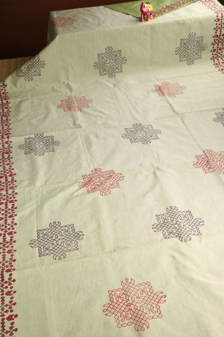 Pistachio Green Poly Cotton Sarees with Without Zari Zari Kolam Pattern view 2