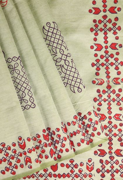 Pistachio Green Poly Cotton Sarees with Without Zari Zari Kolam Pattern