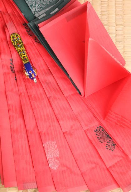 Dawn Red Visiri Madippu Silk Sarees with Silver Zari Floral Patterns