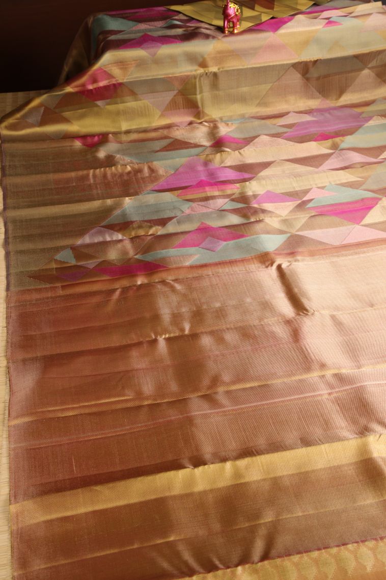 Rich Gold Kanchipuram Silk Sarees with Gold Zari Geometric Shapes view 2