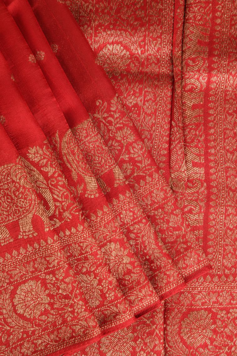 Candy Red Banaras Sarees with Antic Zari Floral Puttas