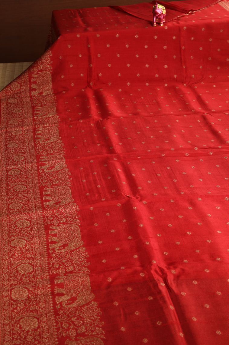 Candy Red Banaras Sarees with Antic Zari Floral Puttas view 2