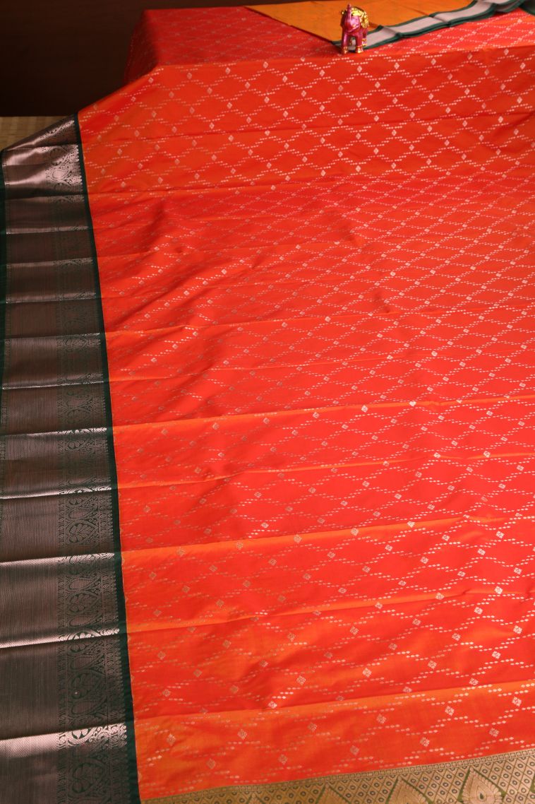 Tiger Orange Visiri Madippu Silk Sarees with Silver Zari Buttis (small Dots Or Motifs) view 2