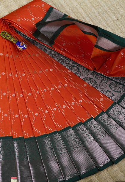 Tiger Orange Visiri Madippu Silk Sarees with Silver Zari Buttis (small Dots Or Motifs)
