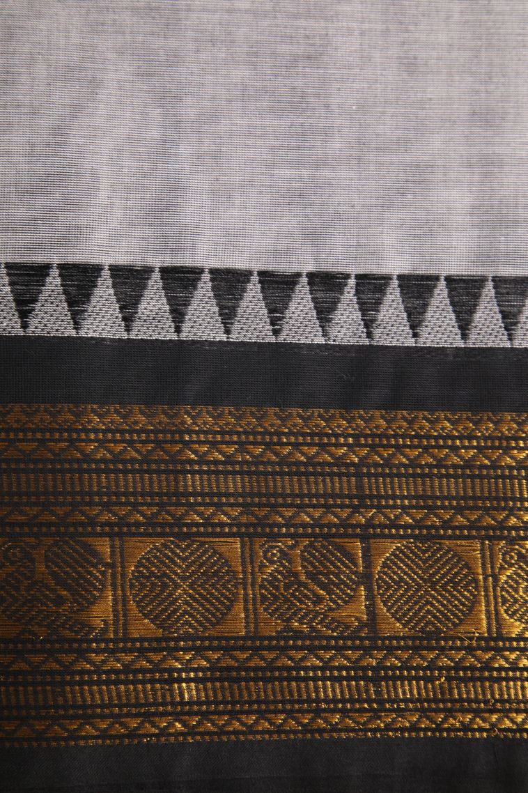 Gray Black Chettinad Cotton Sarees with Gold Zari Buttis (small Dots Or Motifs) view 3