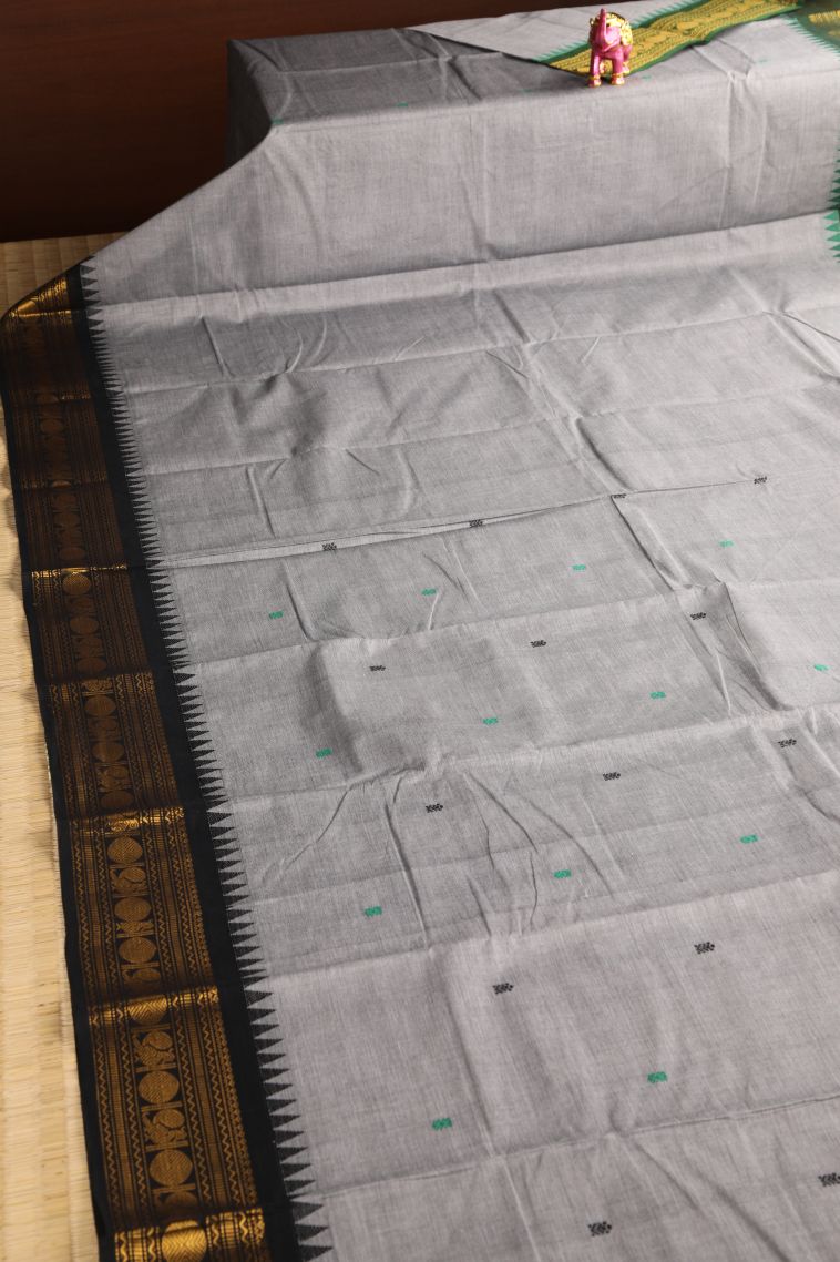 Gray Black Chettinad Cotton Sarees with Gold Zari Buttis (small Dots Or Motifs) view 2