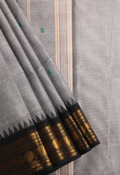 Gray Black Chettinad Cotton Sarees with Gold Zari Buttis (small Dots Or Motifs)