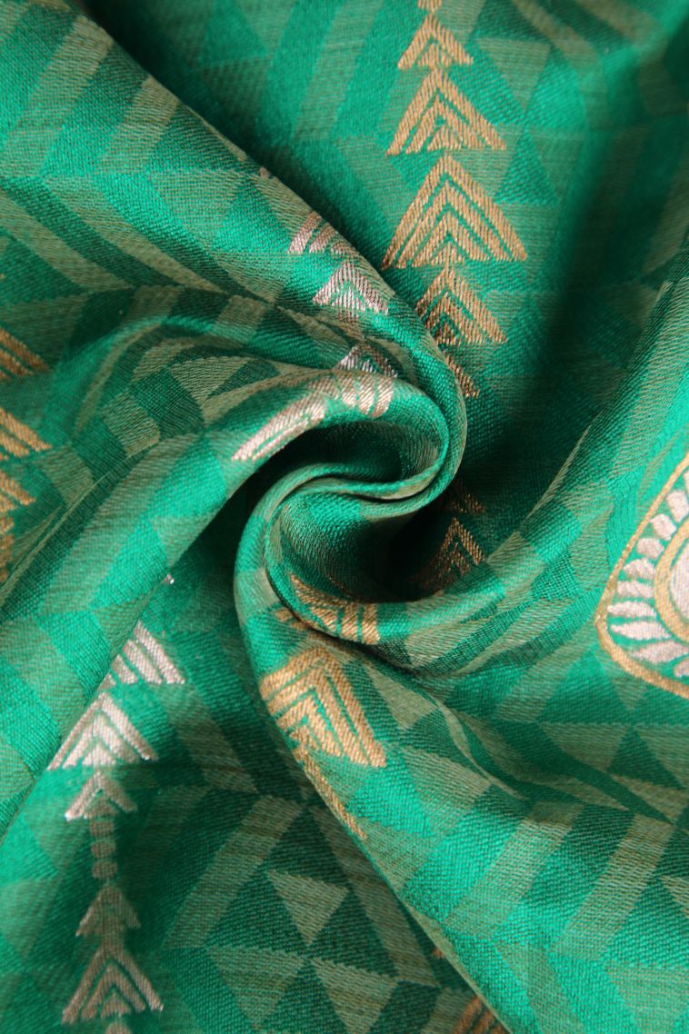 Fern Green Semi Raw Silk Printed with Gold And Silver Zari Geometric Shapes view 4