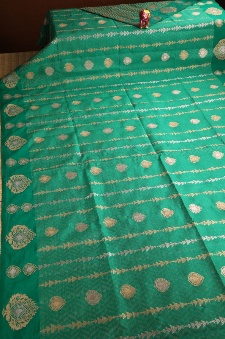 Fern Green Semi Raw Silk Printed with Gold And Silver Zari Geometric Shapes view 2