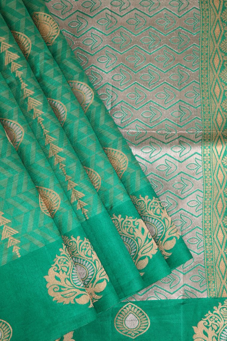 Fern Green Semi Raw Silk Printed with Gold And Silver Zari Geometric Shapes