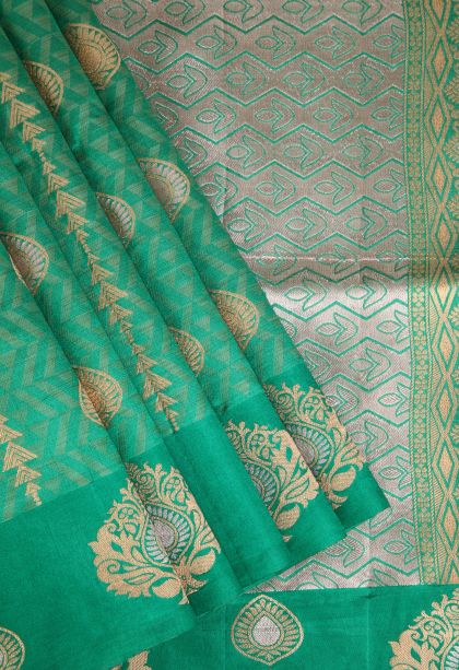 Fern Green Semi Raw Silk Printed with Gold And Silver Zari Geometric Shapes
