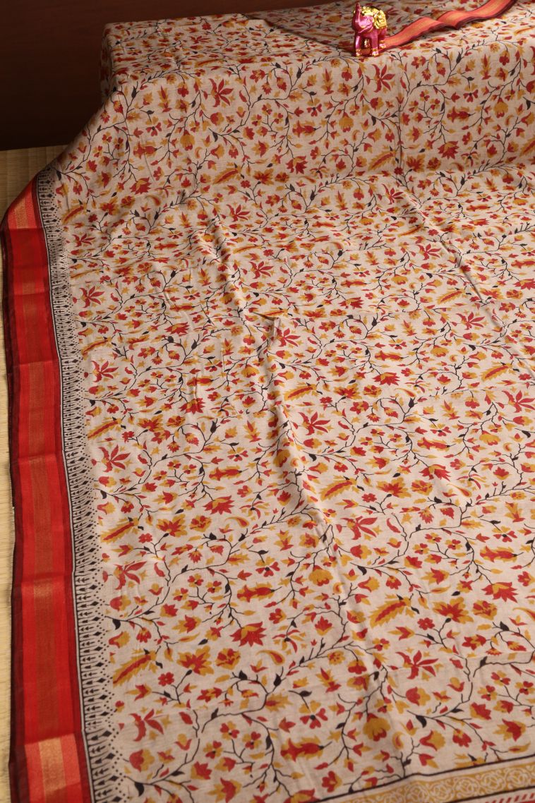 Coconut White Chanderi Cotton Sarees with Gold Zari Floral Patterns view 2