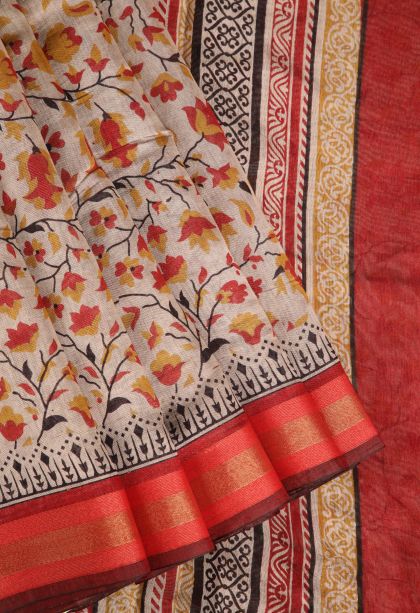 Coconut White Chanderi Cotton Sarees with Gold Zari Floral Patterns