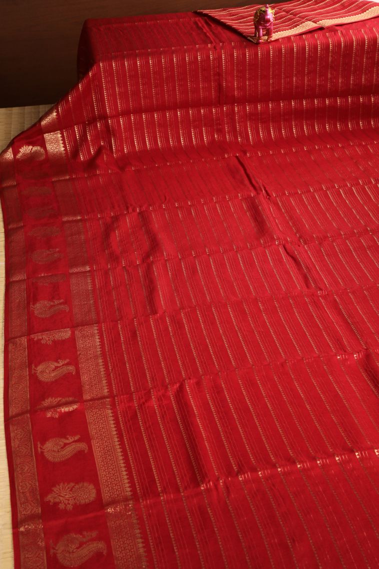 Crimson Red Fancy Saree with Gold Zari Temple Pattern view 2