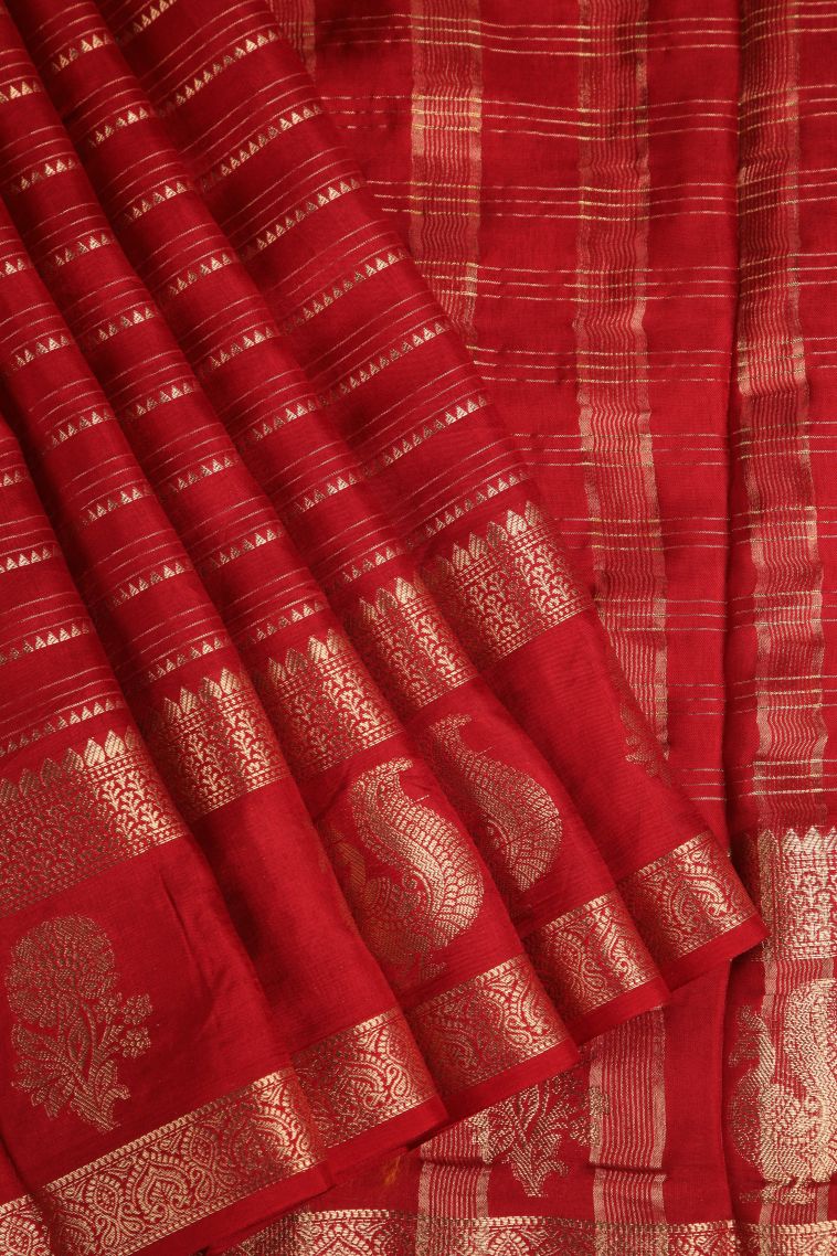 Crimson Red Fancy Saree with Gold Zari Temple Pattern view 1