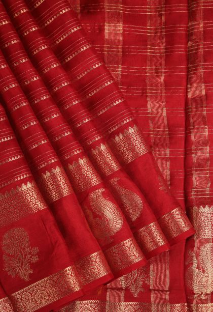 Crimson Red Fancy Saree with Gold Zari Temple Pattern