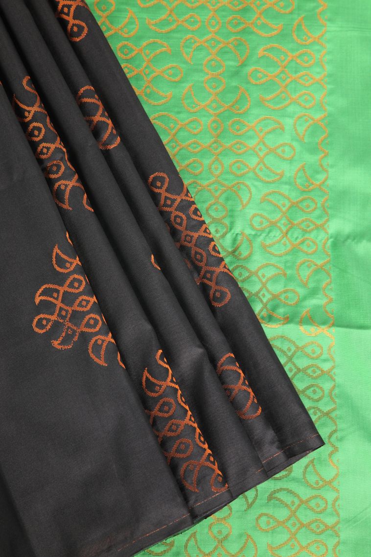 Charleston Black Soft Silk Saree with Copper Zari Kolam Pattern