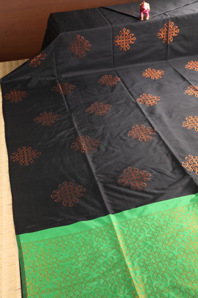 Charleston Black Soft Silk Saree with Copper Zari Kolam Pattern view 2