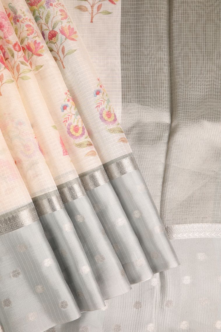 Vanilla Custard Yellow Manipuri Cotton Sarees with Silver Zari Floral Patterns view 1