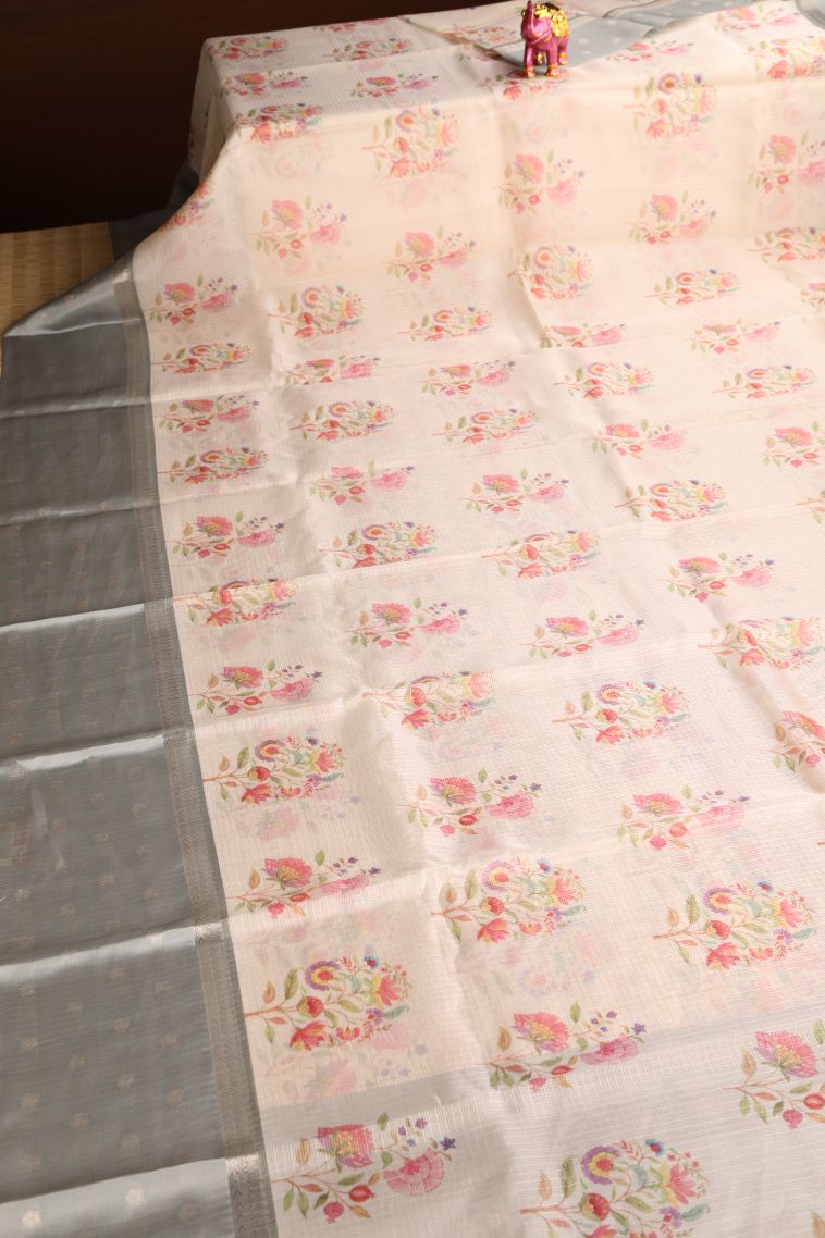 Vanilla Custard Yellow Manipuri Cotton Sarees with Silver Zari Floral Patterns view 2