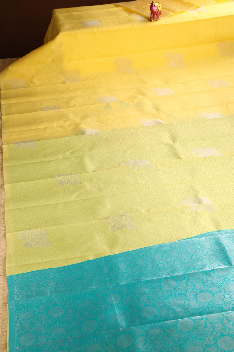 Lemon Yellow Visiri Madippu Silk Sarees with Silver Zari Floral Patterns view 2