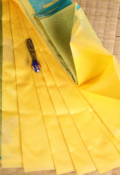 Lemon Yellow Visiri Madippu Silk Sarees with Silver Zari Floral Patterns