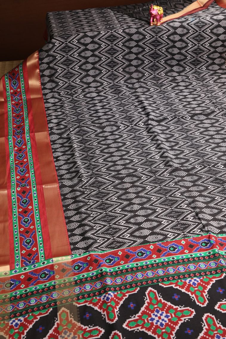 Rock Black Semi Tussar Silk with Copper Zari Pochamballi Pattern view 2