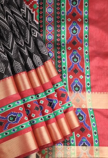 Rock Black Semi Tussar Silk with Copper Zari Pochamballi Pattern