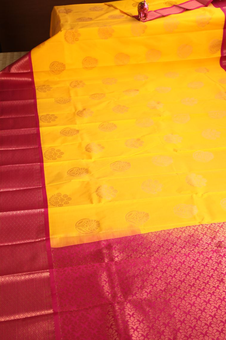 Lemon Yellow Visiri Madippu Silk Sarees with Copper Zari Floral Puttas view 2