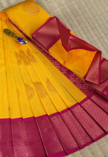 Lemon Yellow Visiri Madippu Silk Sarees with Copper Zari Floral Puttas
