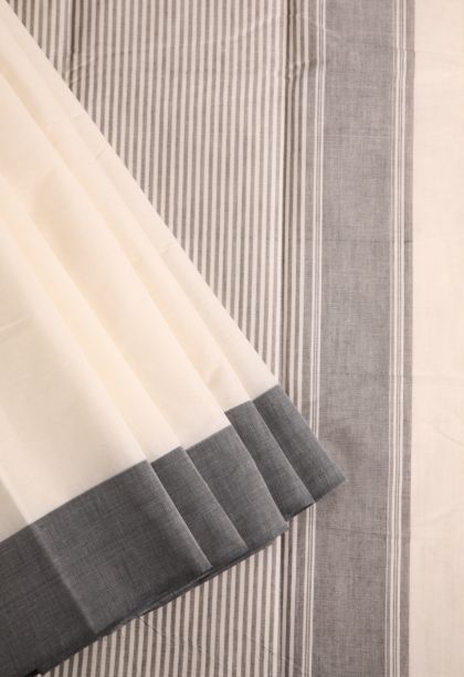 Parchment White Kanchi Cotton Sarees with Without Zari Zari Plain