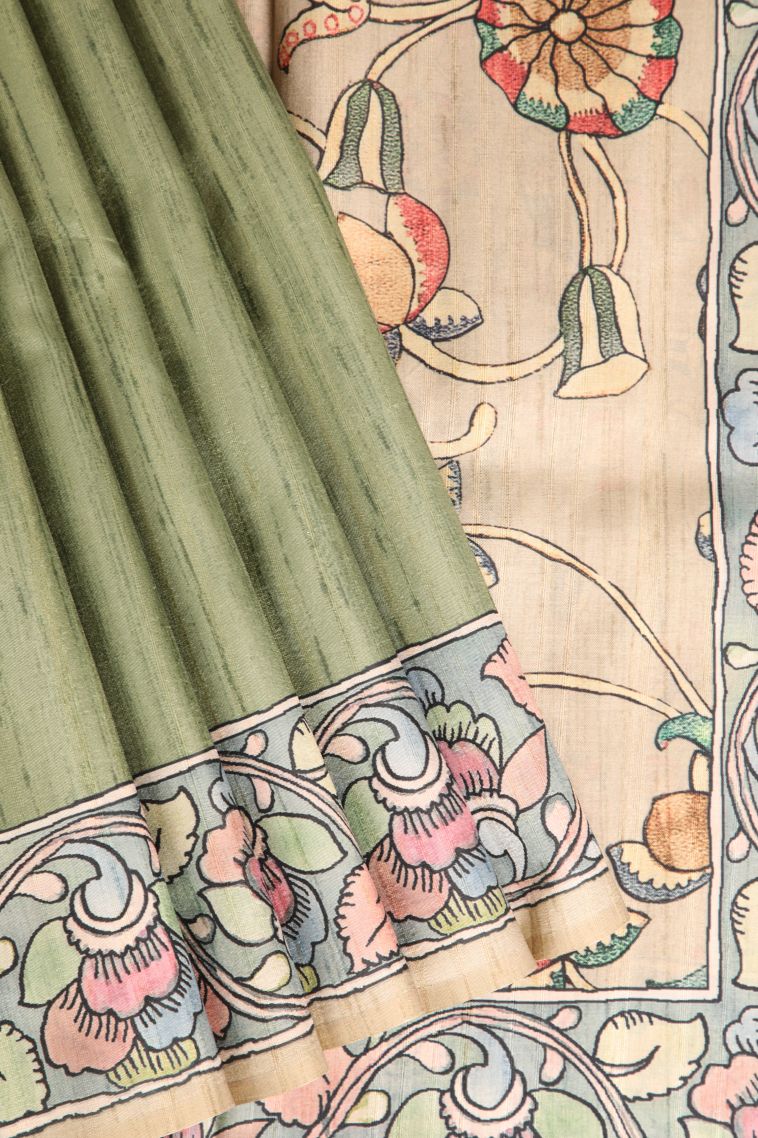 Sage Green Semi Tussar Silk with Without Zari Zari Plain view 1