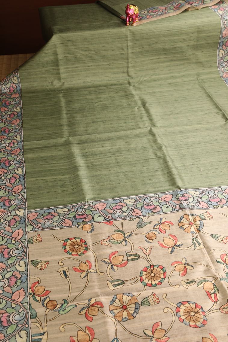 Sage Green Semi Tussar Silk with Without Zari Zari Plain view 2